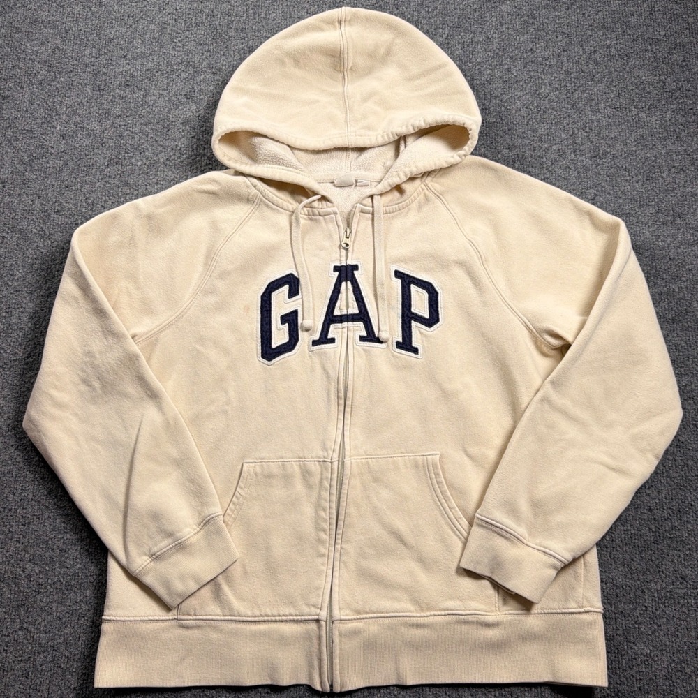GAP Zip Up Hoodie Womens Large Cream Navy Blue Arch Logo Fleece Sweatshirt
